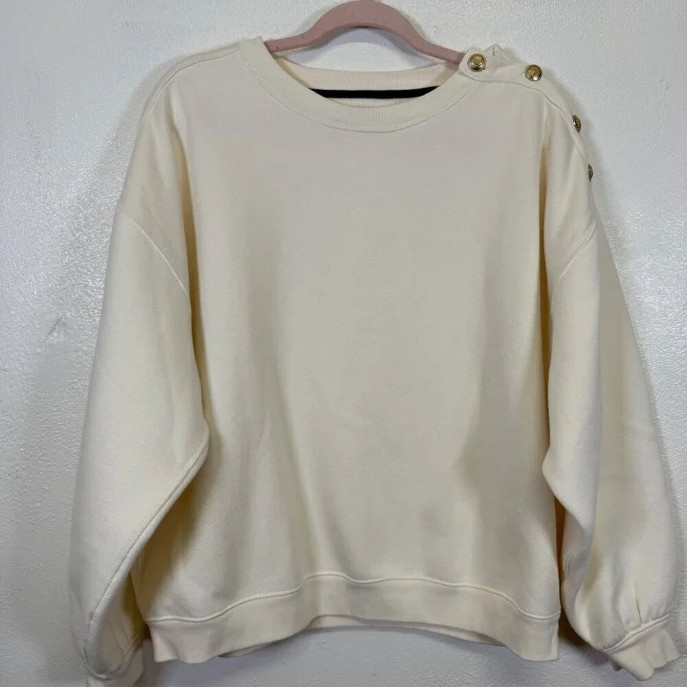 J. Crew Sweatshirt Womens XL Beige Cream Heritage Cropped Gold Buttons Oversized